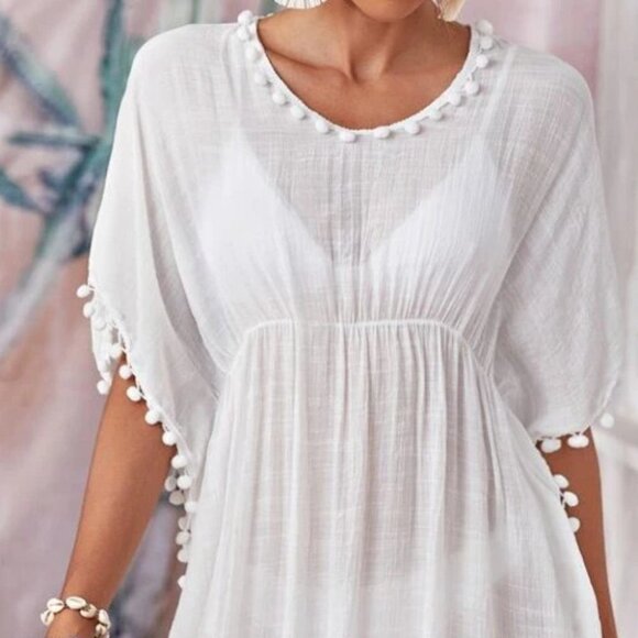 SHEER BOHO POM POM SWIM COVER UP - Picture 2 of 6
